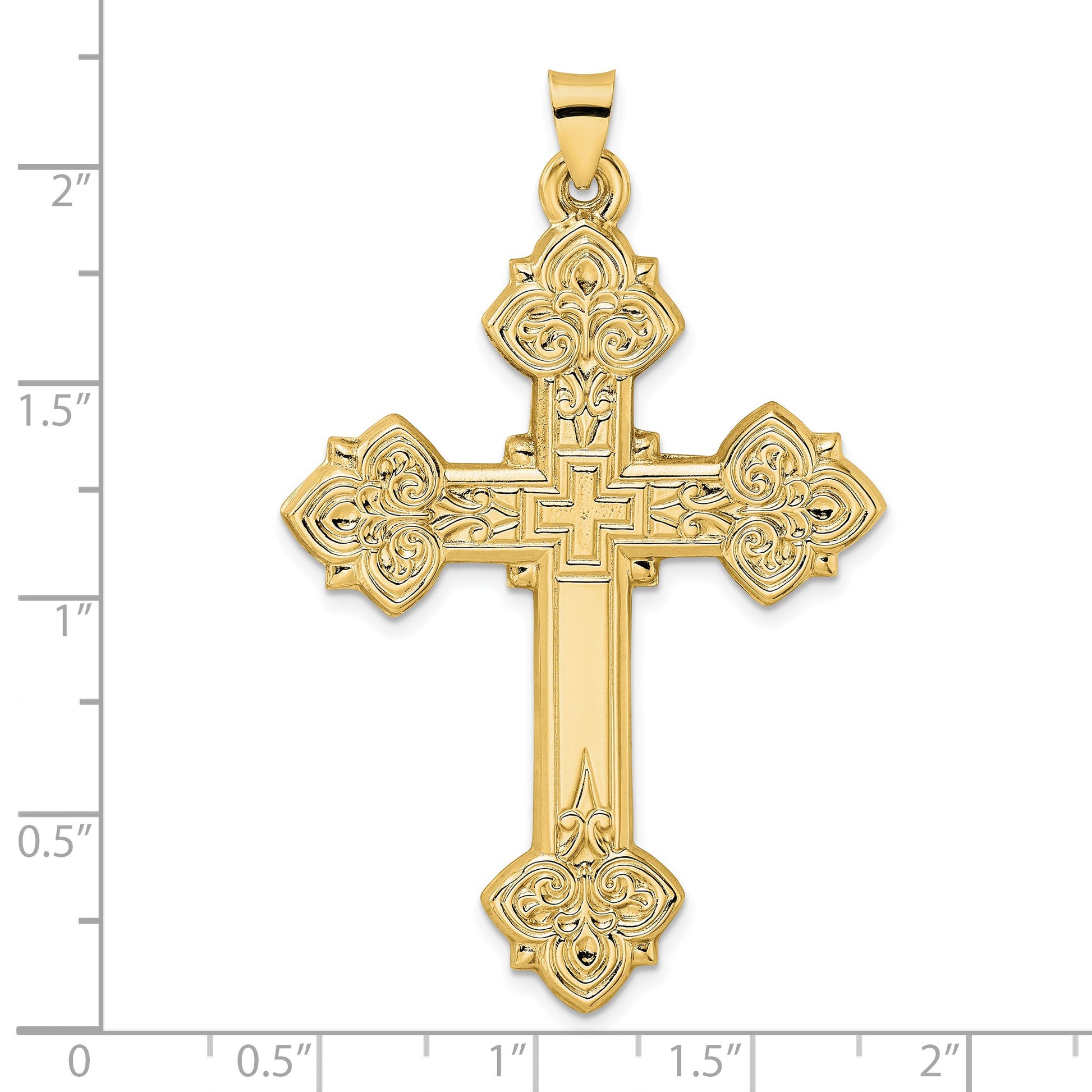 14k Polished Hollow Large Fancy Fleur de Lis Cross Pendant