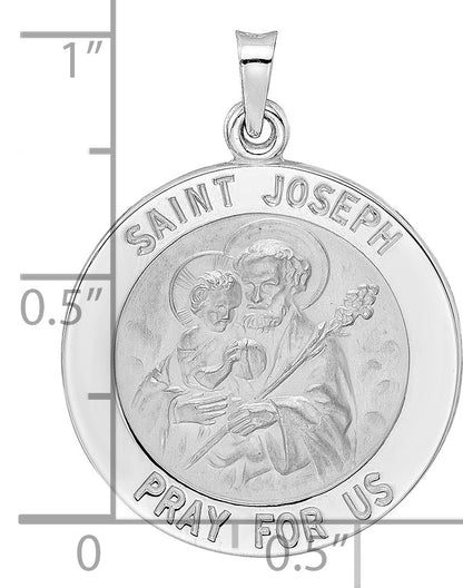 14k White Gold Polished and Satin Solid Saint Joseph Medal Round Pendant