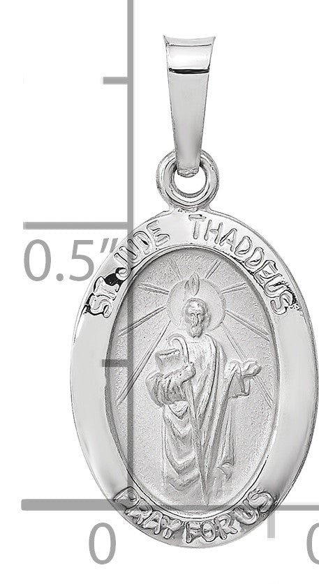 14K White Gold Polished and Satin Hollow St Jude Thaddeus Medal Oval Pendant