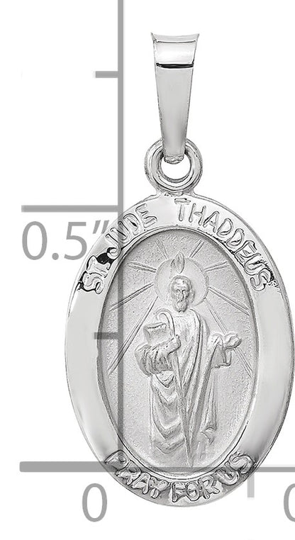 14K White Gold Polished and Satin Hollow St Jude Thaddeus Medal Oval Pendant