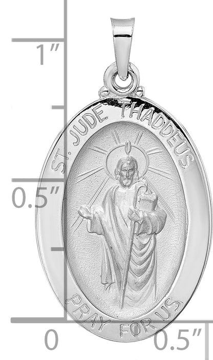 14K White Gold Polished and Satin Solid St Jude Thaddeus Medal Oval Pendant