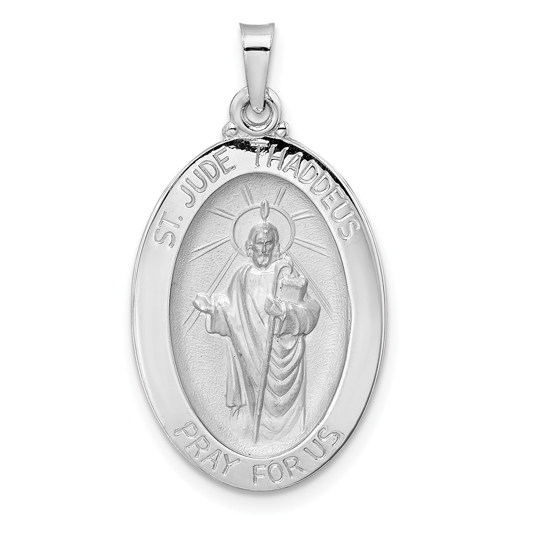 14K White Gold Polished and Satin Solid St Jude Thaddeus Medal Oval Pendant