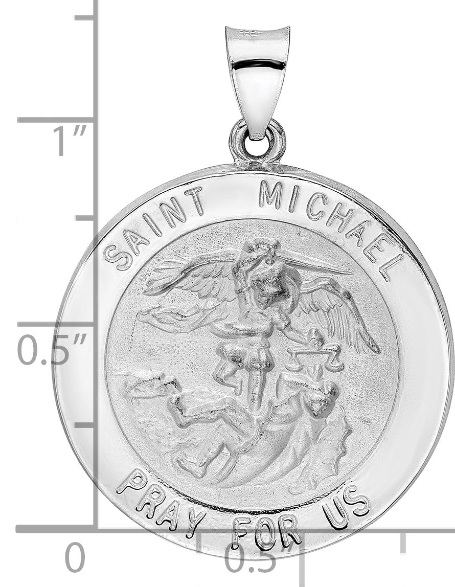 14k White Gold Polished and Satin Hollow Large St. Michael Medal Round Pendant