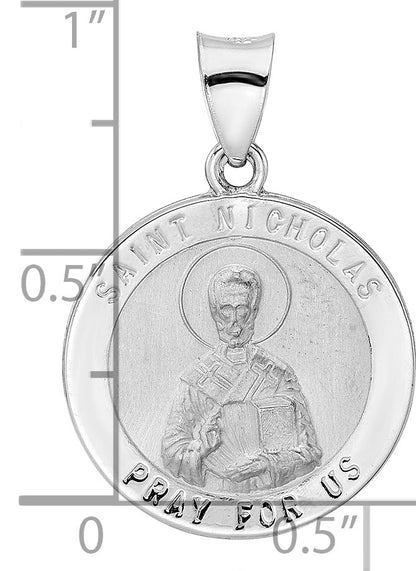 14k White Gold Polished and Satin Hollow St Nicholas Medal Round Pendant