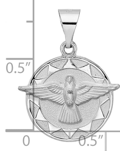 14k White Gold Polished and Satin Hollow Holy Spirit Medal Round Pendant