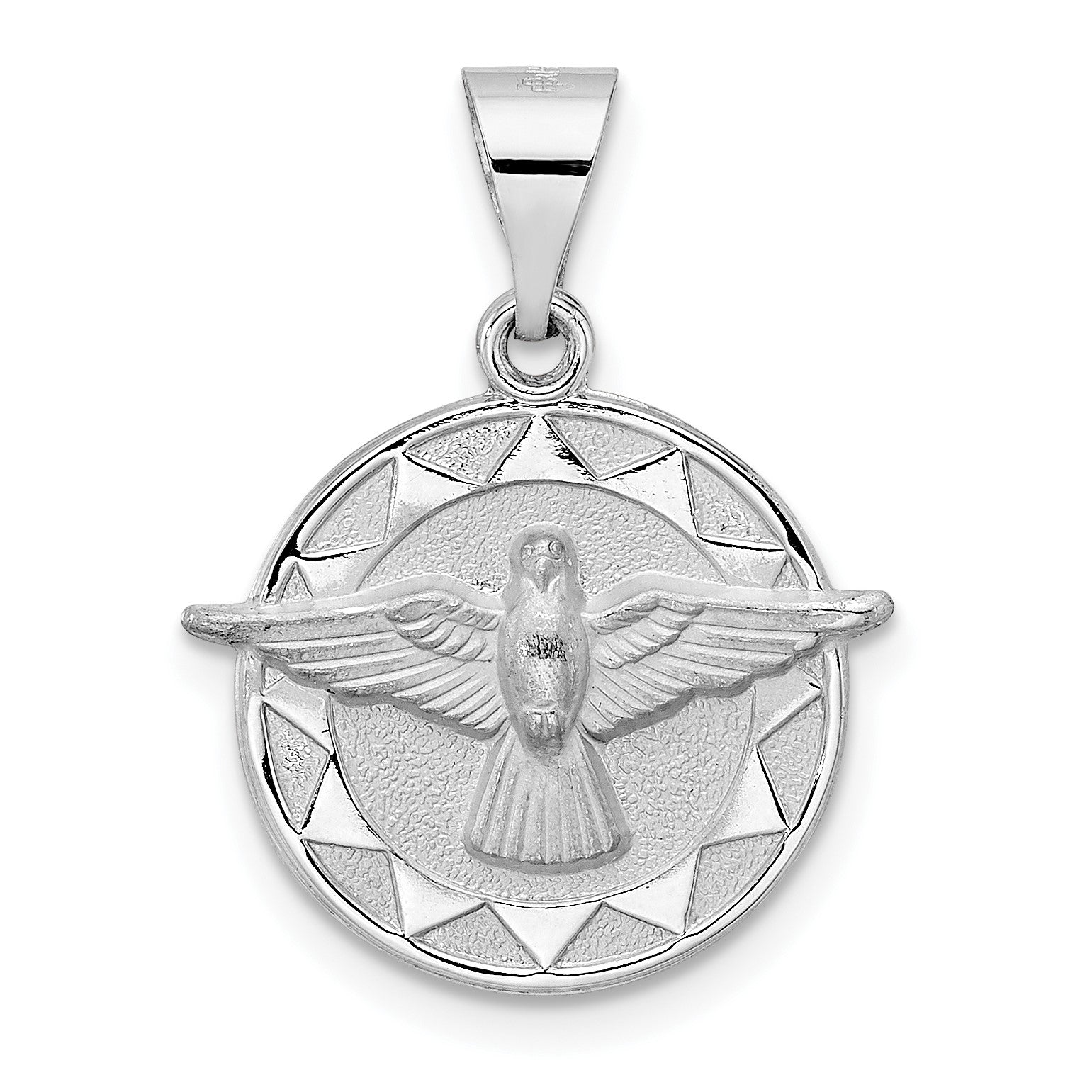 14k White Gold Polished and Satin Hollow Holy Spirit Medal Round Pendant