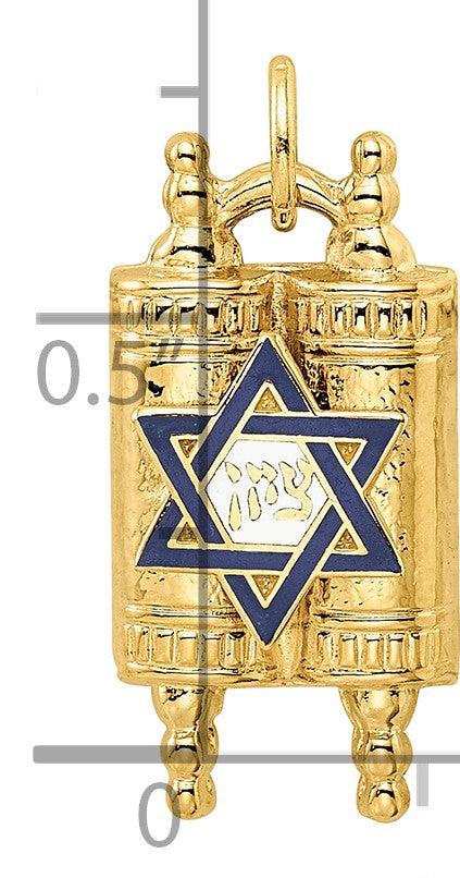 14k Polished Solid Torah with Blue and White Enameled Star of David Pendant