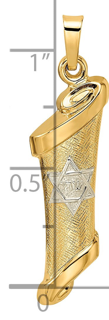 14k Two-tone Polished and Textured Hollow Torah Scroll with Star of David Pendant