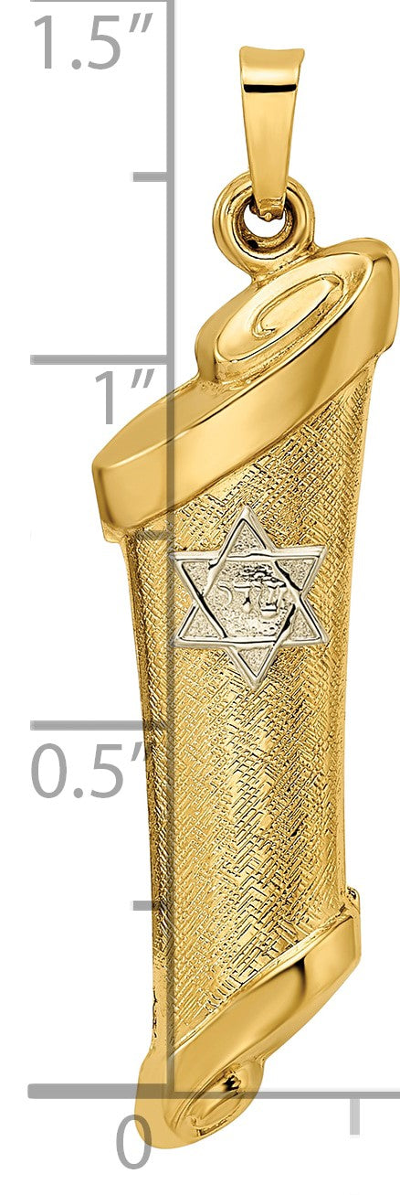 14k Two-tone Polished and Textured Hollow Torah Scroll with Star of David Pendant
