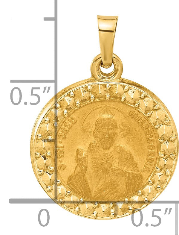 14K Polished and Satin Hollow Sacred Heart of Jesus Medal Round Pendant