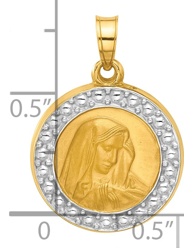 14k and White Rhodium Polished and Satin Hollow Our Lady of Sorrows Medal Round Pendant