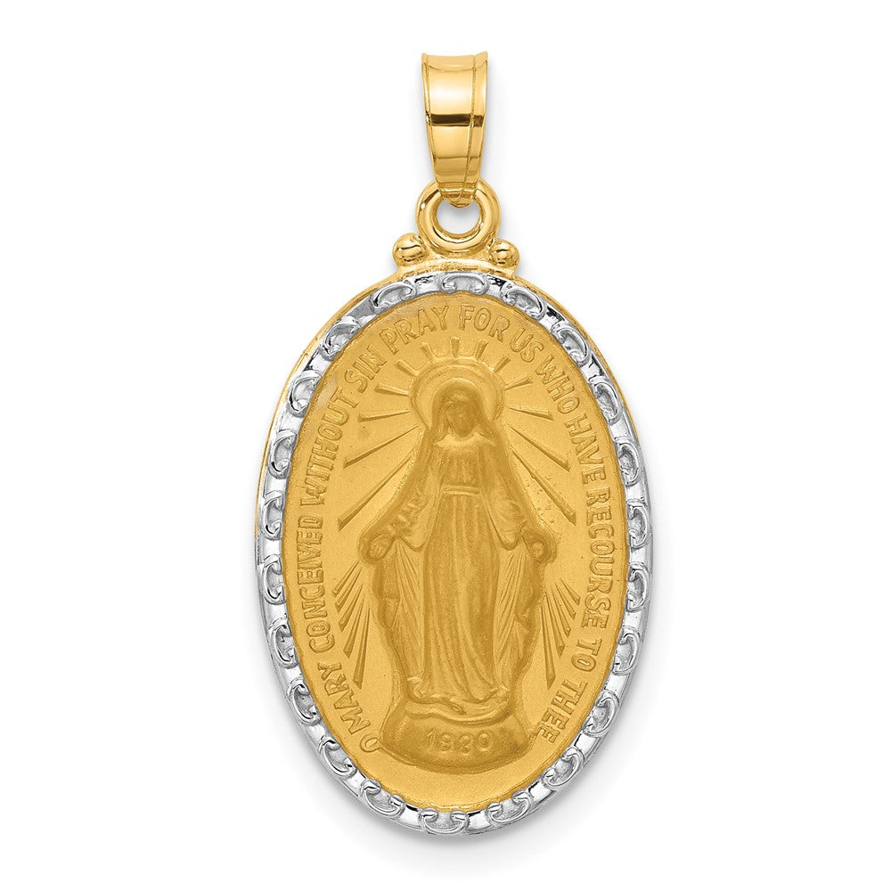 14K with Rhodium Satin and Polished Miraculous Medal Solid Oval Pendant