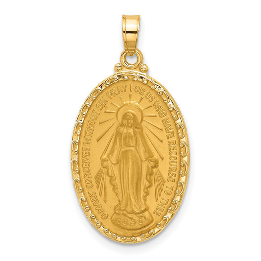 14k Polished and Satin Solid Miraculous Medal Oval Pendant