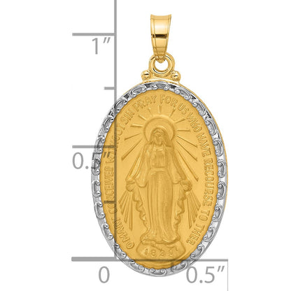 14K with Rhodium Satin and Polished Miraculous Medal Solid Oval Pendant