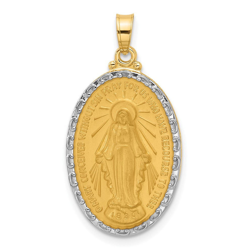 14K with Rhodium Satin and Polished Miraculous Medal Solid Oval Pendant