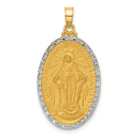 14K with Rhodium Satin and Polished Miraculous Medal Solid Oval Pendant