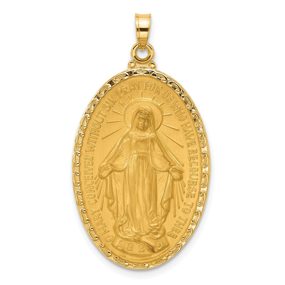 14k Satin and Polished Miraculous Medal Solid Oval Pendant