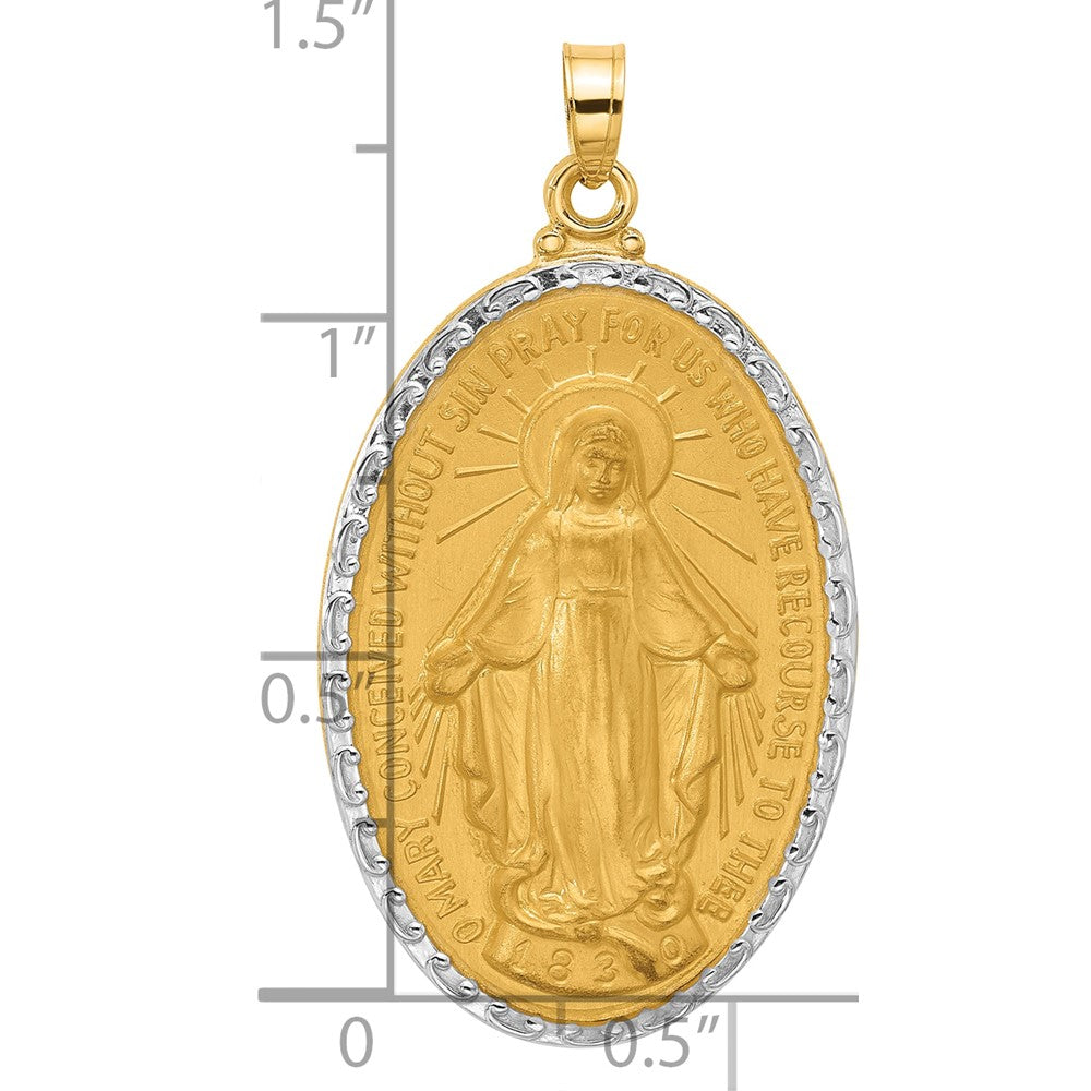 14K with Rhodium Satin and Polished Miraculous Medal Solid Oval Pendant