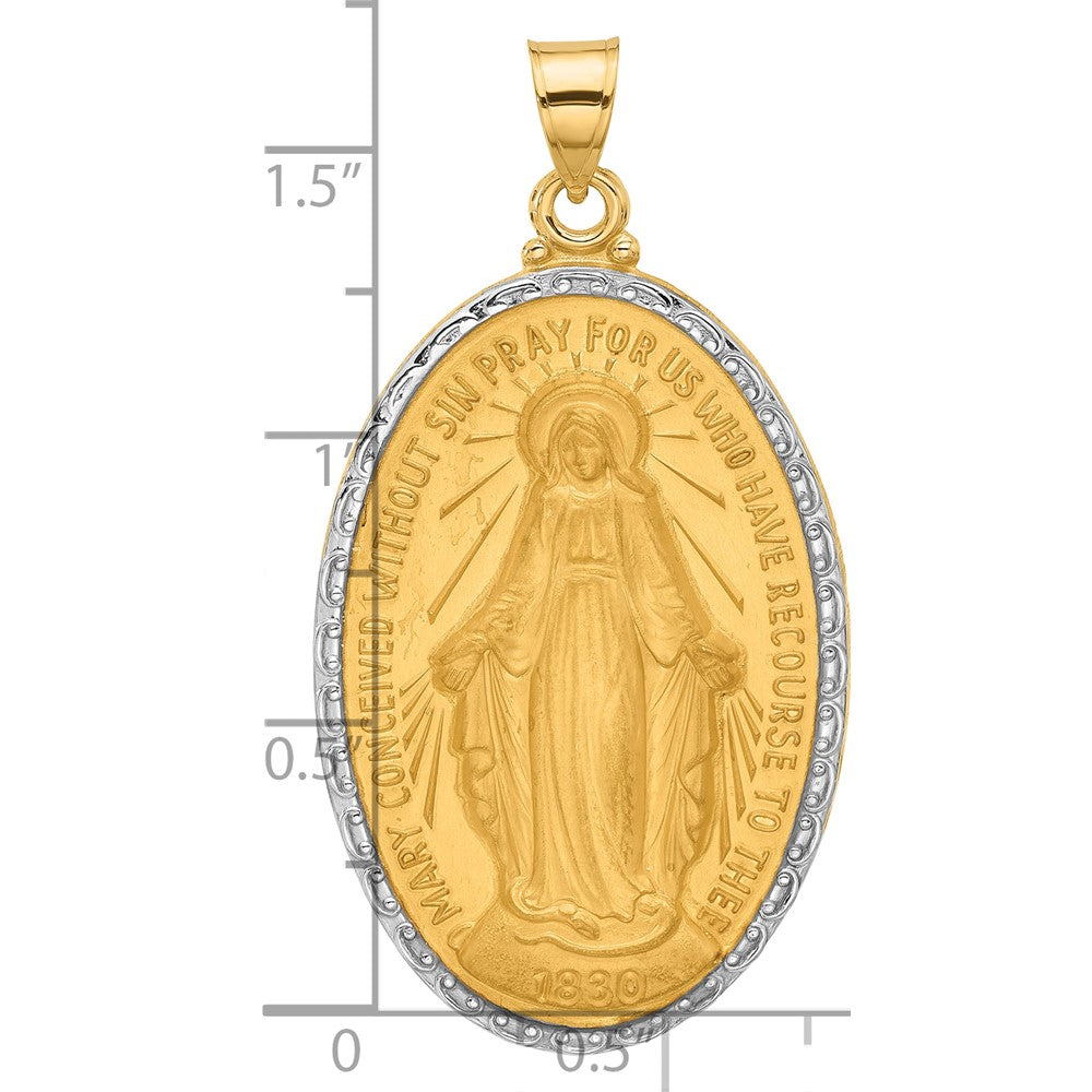 14K with Rhodium Satin and Polished Miraculous Medal Solid Oval Pendant