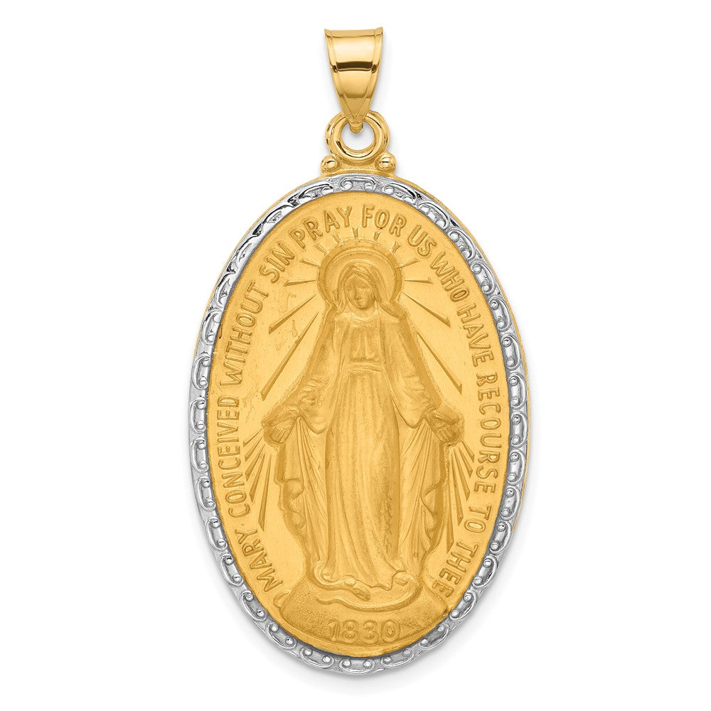 14K with Rhodium Satin and Polished Miraculous Medal Solid Oval Pendant