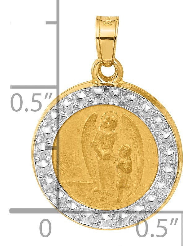 14K and White Rhodium Polished and Satin Hollow Our Guardian Angel Medal Pendant