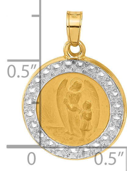 14K and White Rhodium Polished and Satin Hollow Our Guardian Angel Medal Pendant