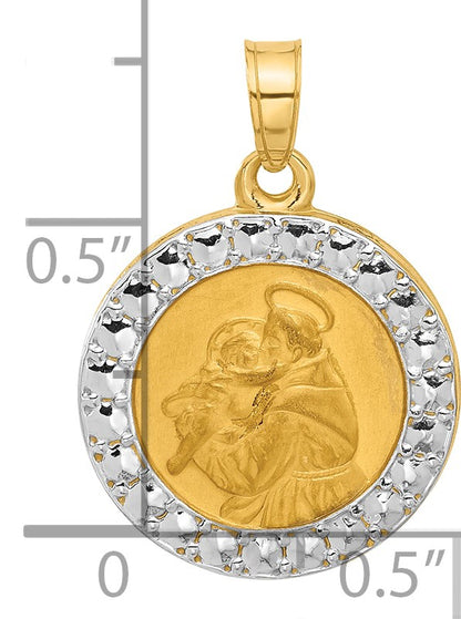 14K with White Rhodium Satin and Polished Hollow St. Anthony Medal Round Pendant