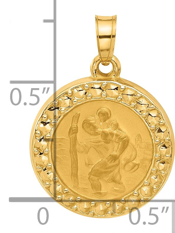 14k Polished and Satin Hollow St. Christopher Medal Round Pendant