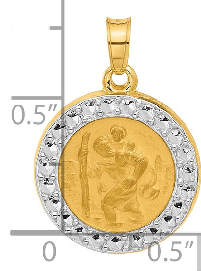 14K with White Rhodium Polished and Satin Hollow St. Christopher Medal Round Pendant