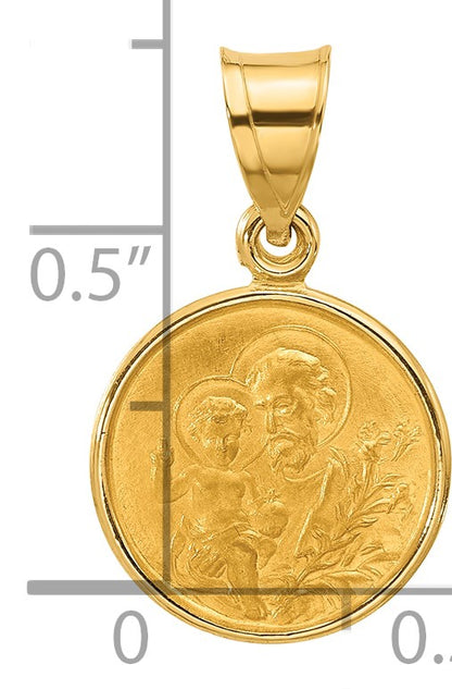 14k Polished and Satin Solid St Joseph Medal Round Pendant