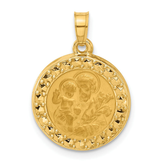 14K Polished and Satin Hollow St. Joseph Medal Round Pendant