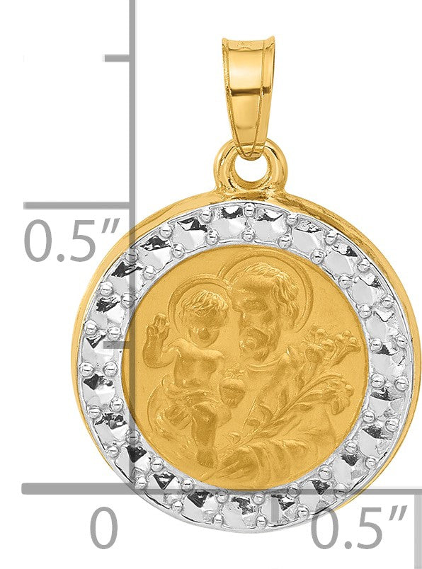 14K with White Rhodium Polished and Satin Hollow St. Joseph Medal Round Pendant