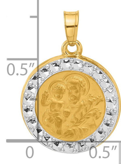 14K with White Rhodium Polished and Satin Hollow St. Joseph Medal Round Pendant