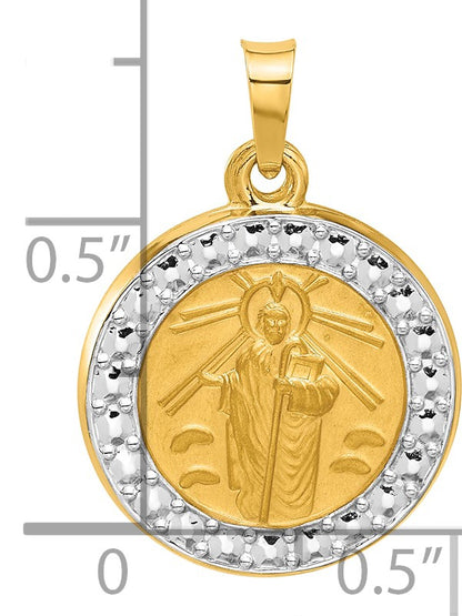 14K with White Rhodium Polished and Satin Hollow St. Jude Thaddeus Medal Round Charm