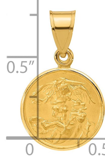 14k Polished and Satin Solid St. Michael Medal Round Pendant