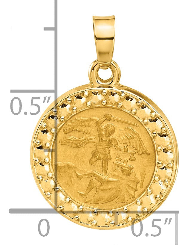 14K Polished and Satin Hollow St. Michael Medal Round Pendant