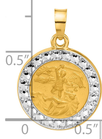 14K with White Rhodium Polished and Satin Hollow St. Michael Medal Round Pendant