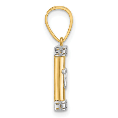 14k with White Rhodium Polished Mezuzah with Shin Pendant