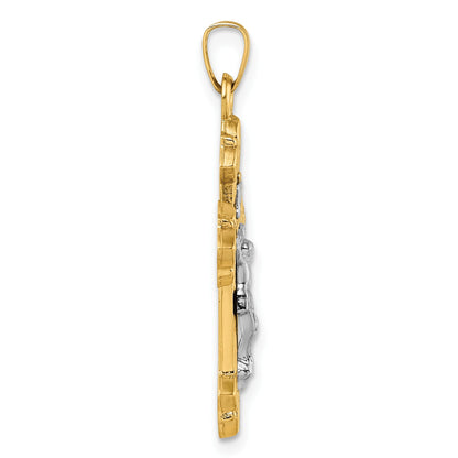 14k with White Rhodium Polished Fleur de Lis INRI Crucifix Cross Pendant