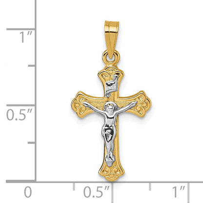 14k with White Rhodium Polished Fleur de Lis INRI Crucifix Cross Pendant