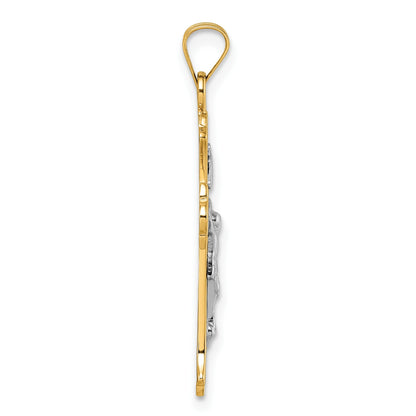 14k with White Rhodium Polished Fleur de Lis INRI Crucifix Cross Pendant