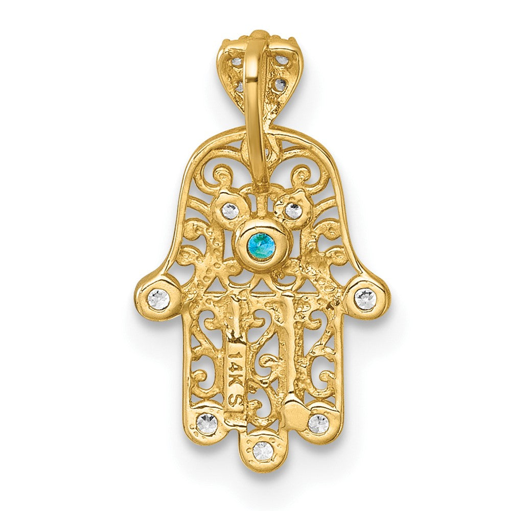 14k Polished White and Blue CZ Hamsa Chain Slide Pendant