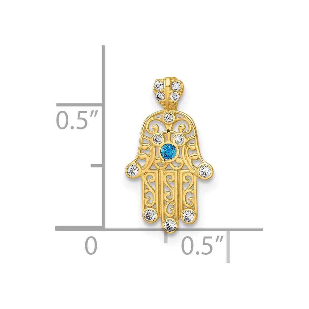 14k Polished White and Blue CZ Hamsa Chain Slide Pendant