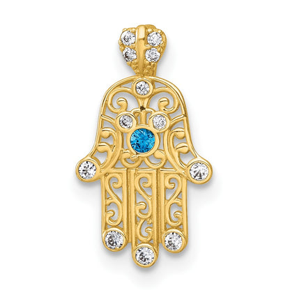 14k Polished White and Blue CZ Hamsa Chain Slide Pendant