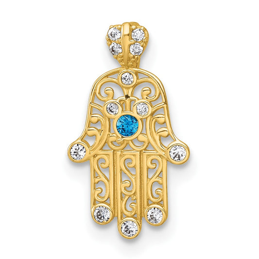 14k Polished White and Blue CZ Hamsa Chain Slide Pendant