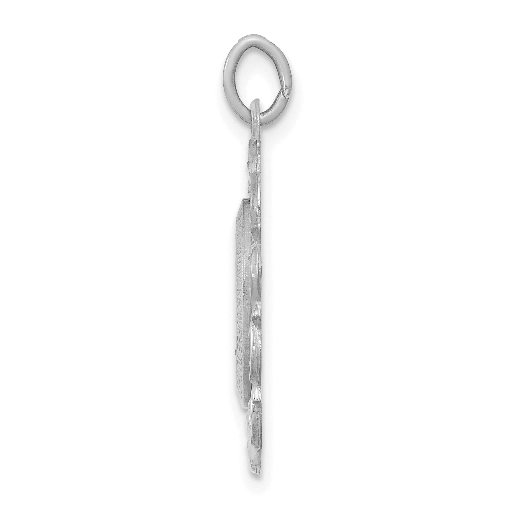 14k White Gold Polished and Satin Solid Miraculous Medal Scalloped Edge Oval Pendant