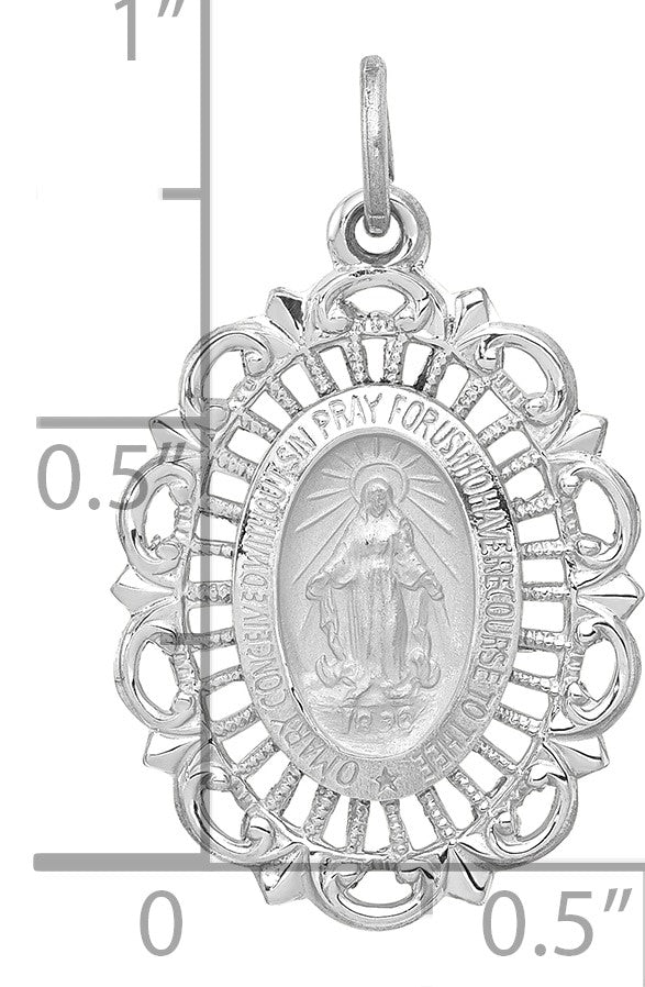 14k White Gold Polished and Satin Solid Miraculous Medal Scalloped Edge Oval Pendant