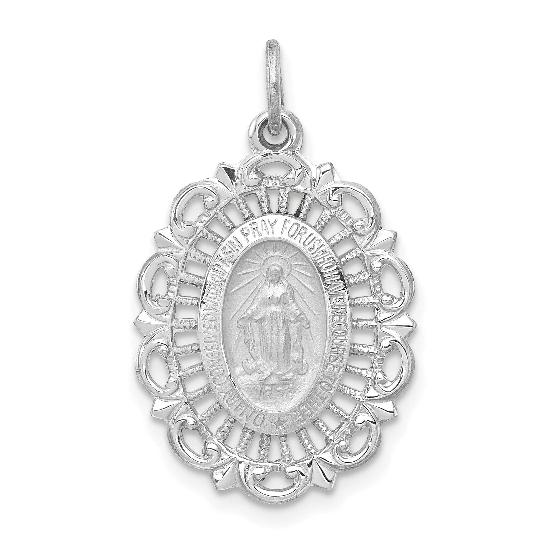 14k White Gold Polished and Satin Solid Miraculous Medal Scalloped Edge Oval Pendant