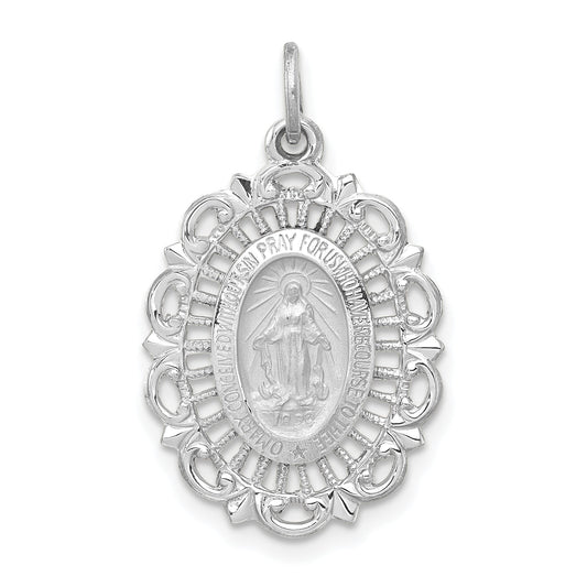 14k White Gold Polished and Satin Solid Miraculous Medal Scalloped Edge Oval Pendant