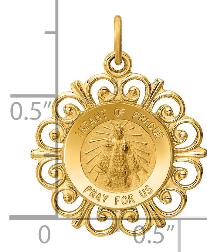 14k Polished and Satin Solid Infant of Prague Medal Scalloped Edge Round Charm